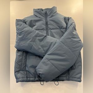 Matte Blue Cropped Puffy Down Jacket Small No Hood with Zipper Adjustable